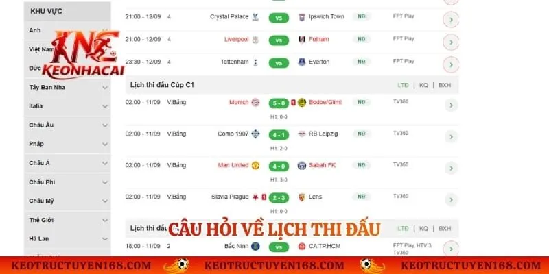 Câu hỏi về lịch thi đấu